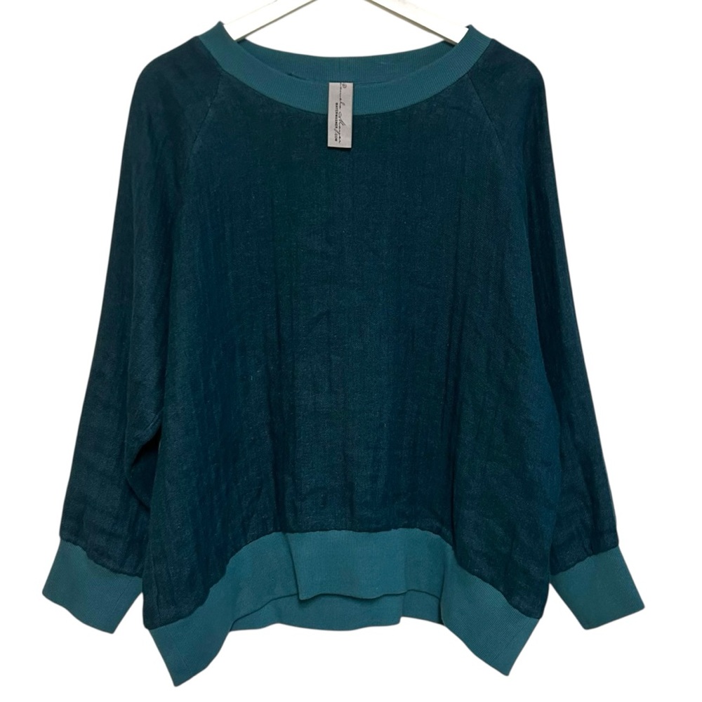Pamela Mayer XL long sleeve top art to wear linen blend crewneck ribbed trim